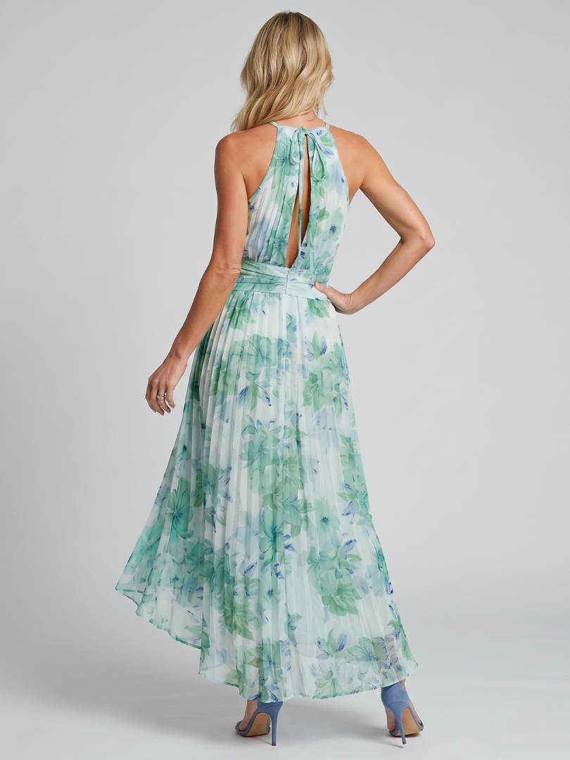 Vestido Midi Portia en Crepé Plisado con Cuello Halter y Estampado Floral