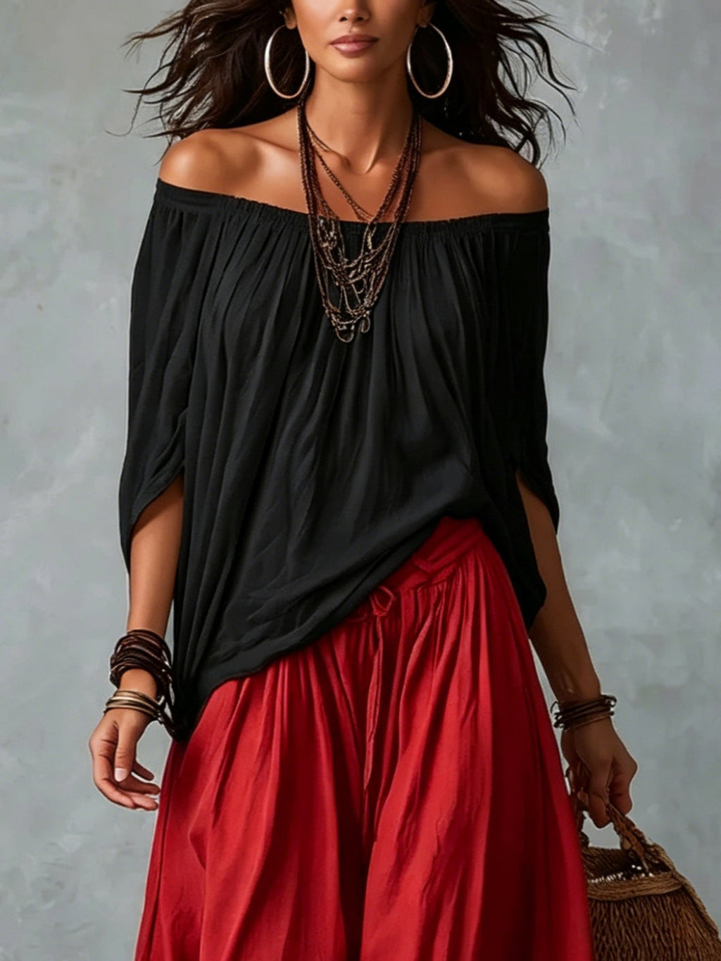 Conjunto Amara™ | Blusa Bardot Negra y Pantalón Lanterne Rojo