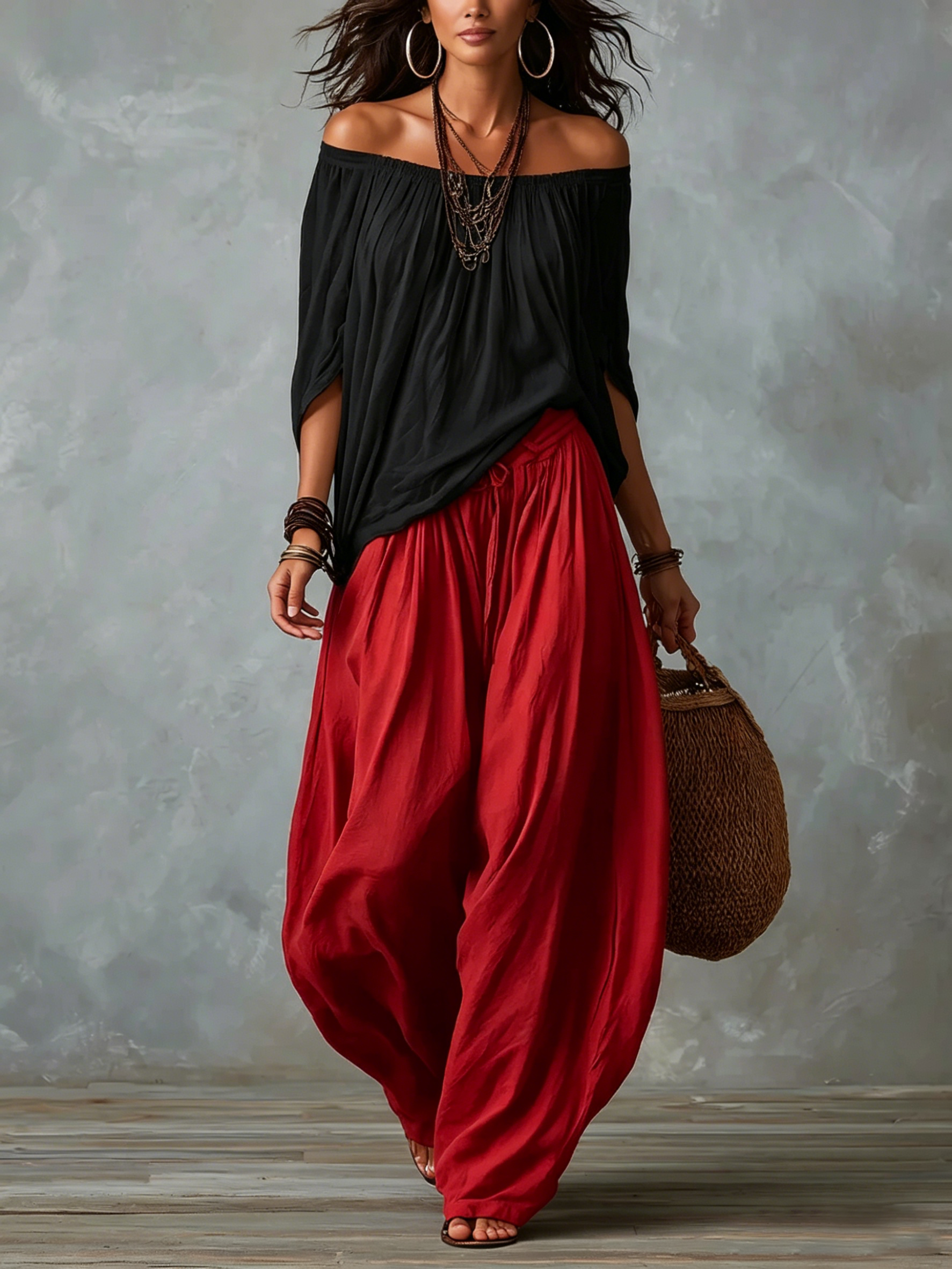 Conjunto Amara™ | Blusa Bardot Negra y Pantalón Lanterne Rojo