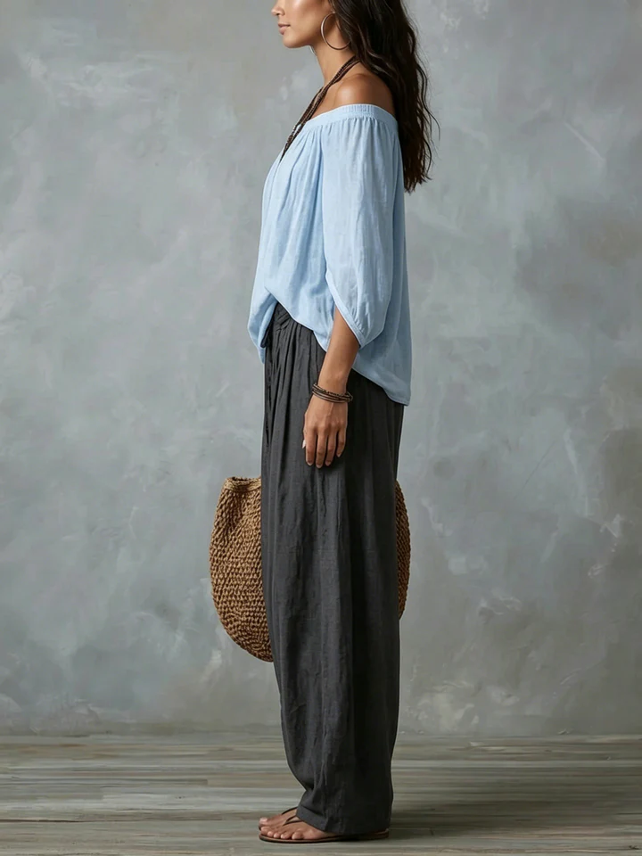 Conjunto Amara™ | Blusa Bardot Negra y Pantalón Lanterne Rojo