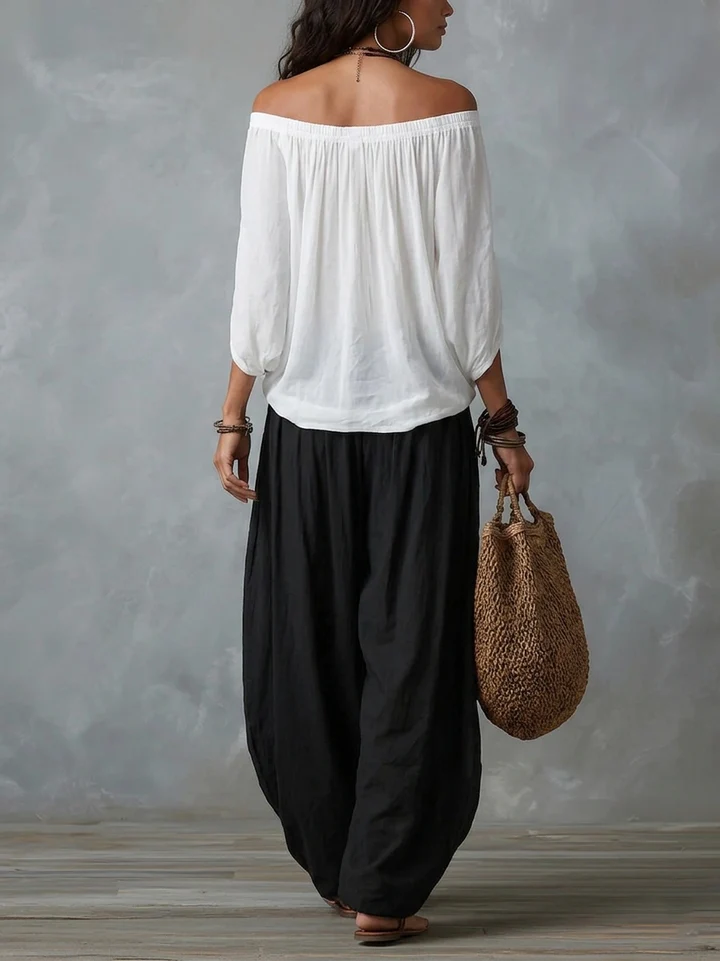 Conjunto Amara™ | Blusa Bardot Negra y Pantalón Lanterne Rojo
