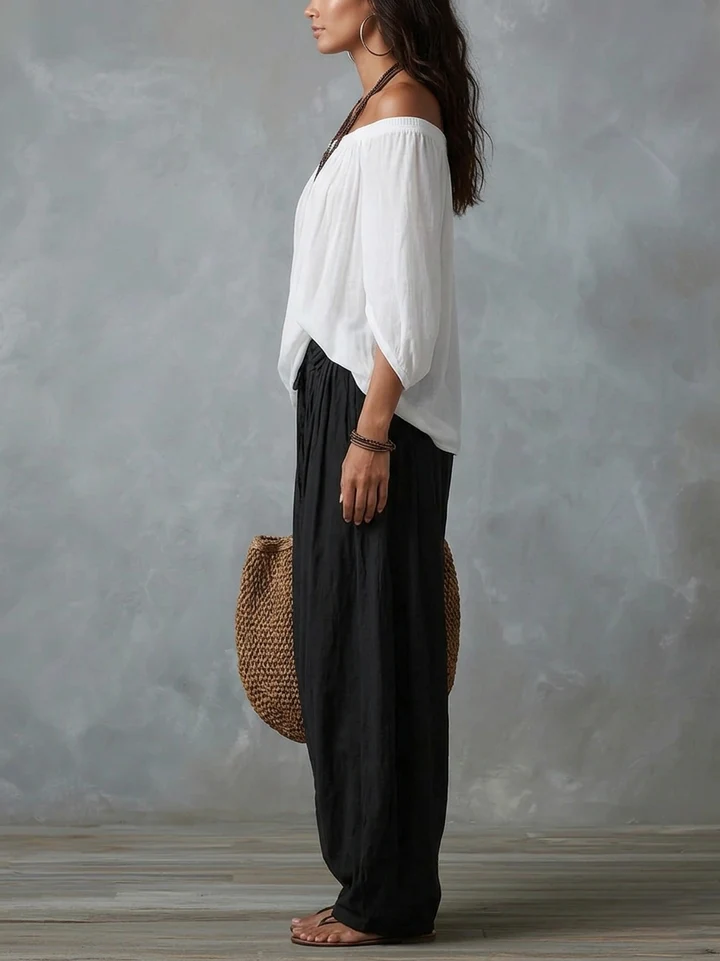 Conjunto Amara™ | Blusa Bardot Negra y Pantalón Lanterne Rojo