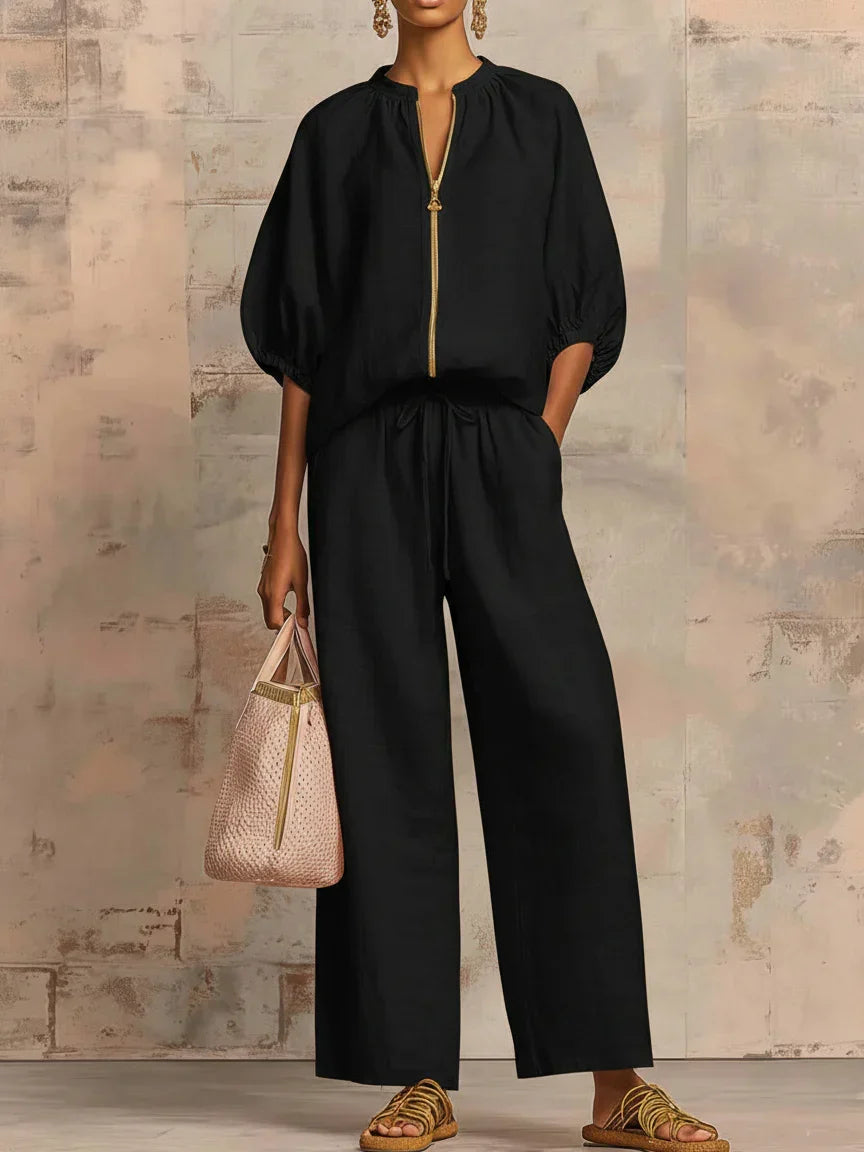 Conjunto Alba™ | Conjunto de lino con mangas murciélago y pantalón ancho