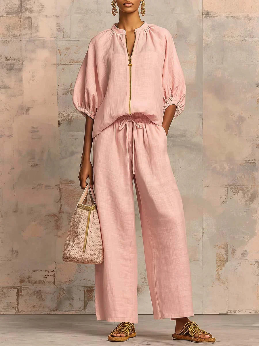Conjunto Alba™ | Conjunto de lino con mangas murciélago y pantalón ancho