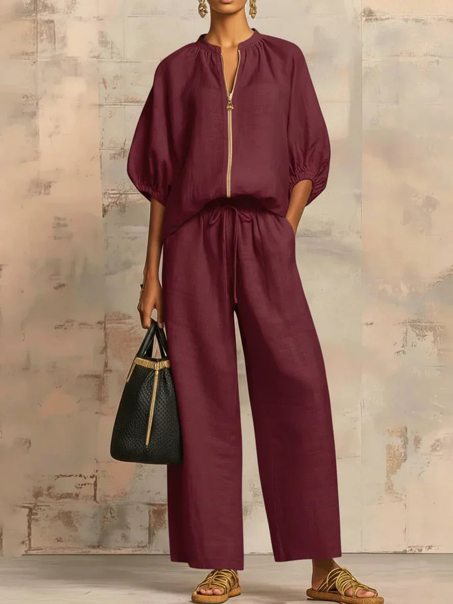 Conjunto Alba™ | Conjunto de lino con mangas murciélago y pantalón ancho