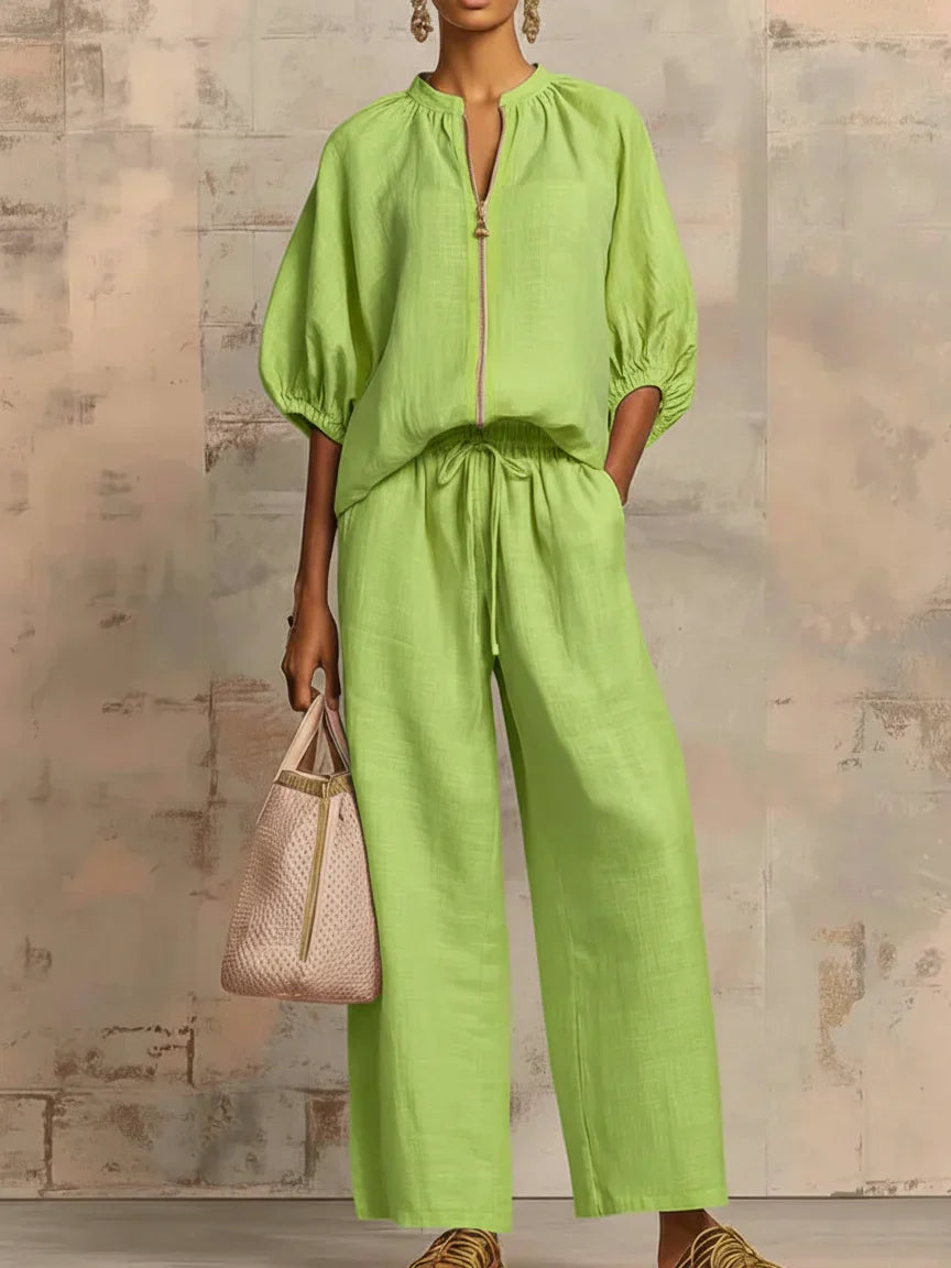 Conjunto Alba™ | Conjunto de lino con mangas murciélago y pantalón ancho
