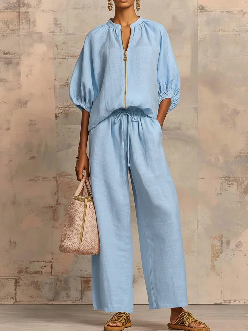 Conjunto Alba™ | Conjunto de lino con mangas murciélago y pantalón ancho